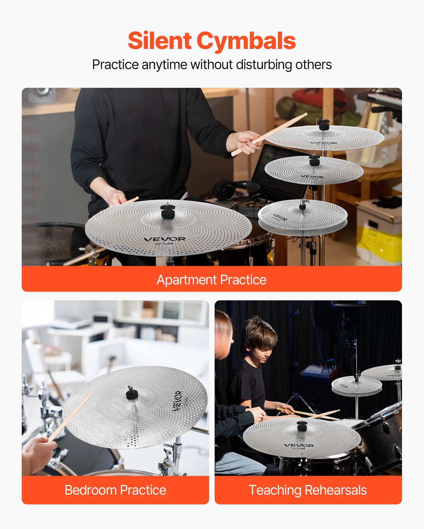 Vevor Low Volume Cymbal Pack, 5Pcs Quiet Cymbals For Drum Set, 14 Hi-Hats, 16 Crash, 18 Crash, 20 Ride, Alloy Drum Cymba
