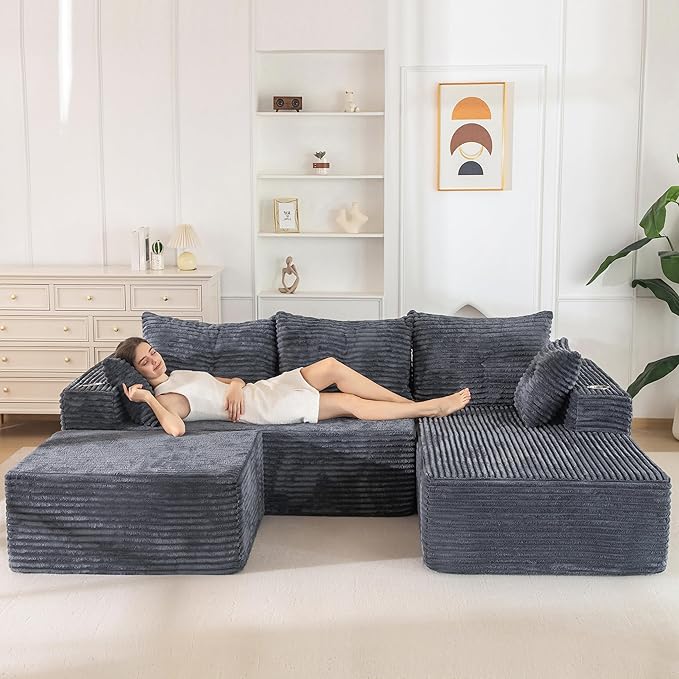 MAXYOYO 104" U-Shaped Modular Sectional Couch, Modern Boneless Couch for Living Room, Sofa in A Box, Oversized Sofa Sleeper with Deep Seat, No Assembly Required, Dark Grey
