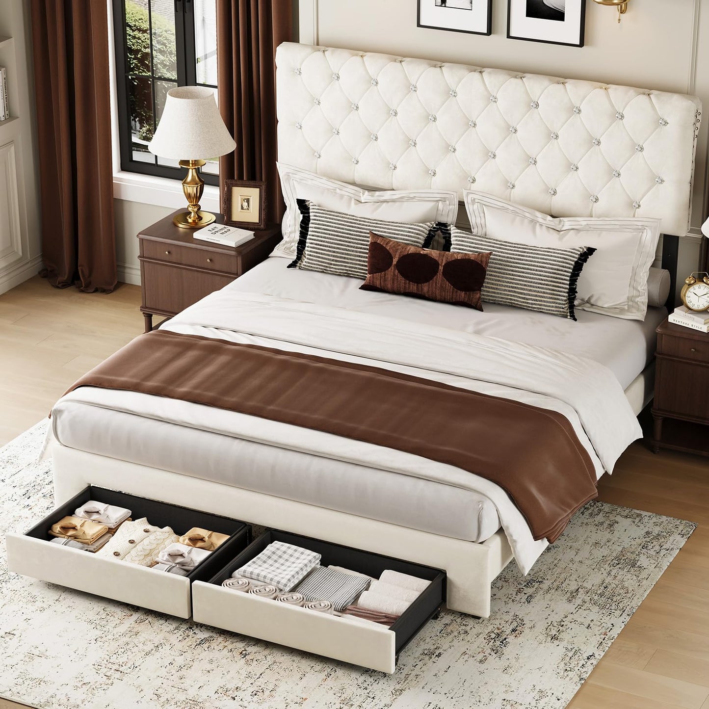 Belffin Full Size Bed Frame with 2 Storage Drawers, Upholstered Bed Frame with Adjustable Diamond Headboard, Velvet Modern Platform Bed Frame, No Box Spring Needed, Easy to Assemble, Beige