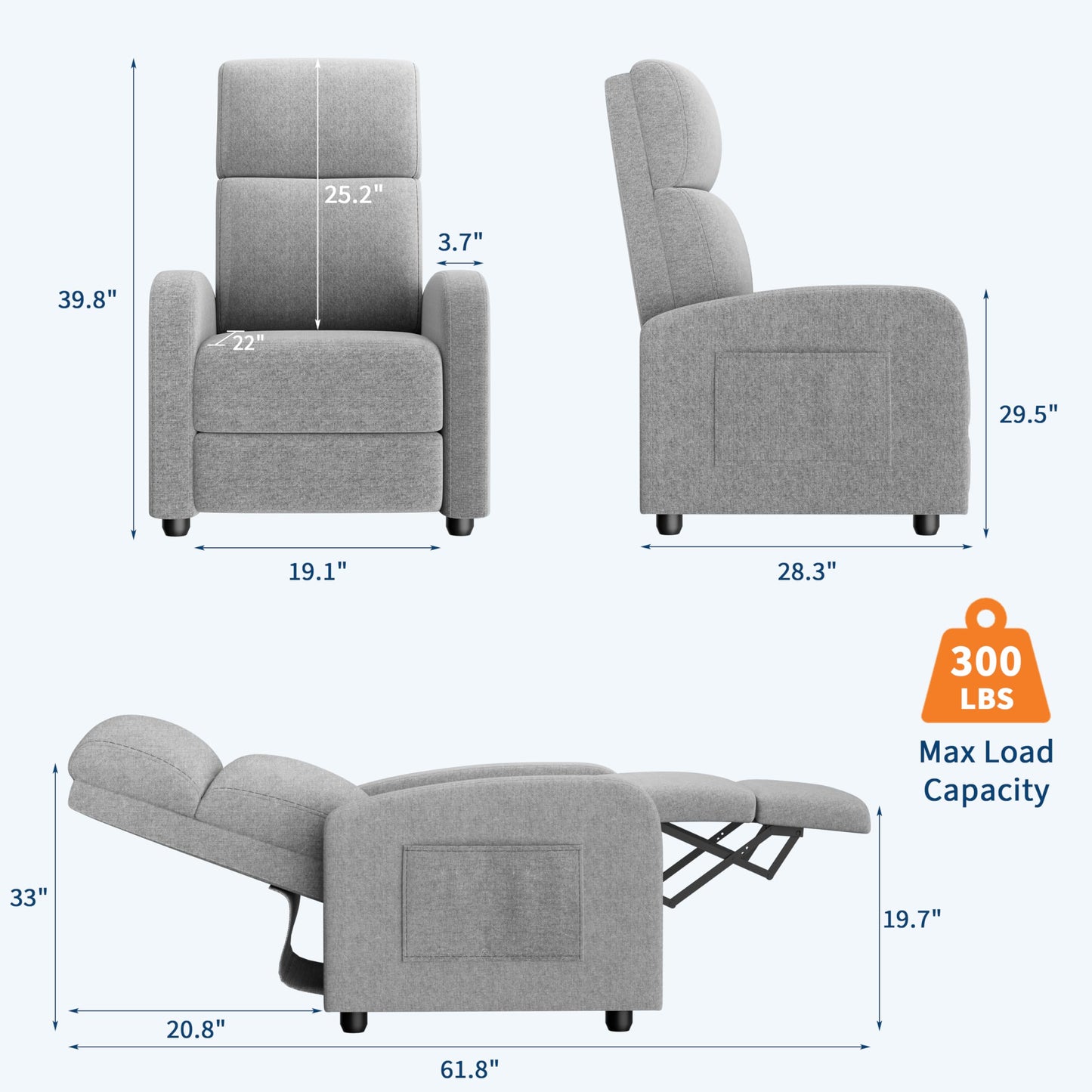 Recliner Chair for Adults, Adjustable Push Back Reclining Chair, Padded Seat & Lumbar Support, Fabric Upholstered Single Sofa with Side Pocket for Living Room, Bedroom, Home Theater