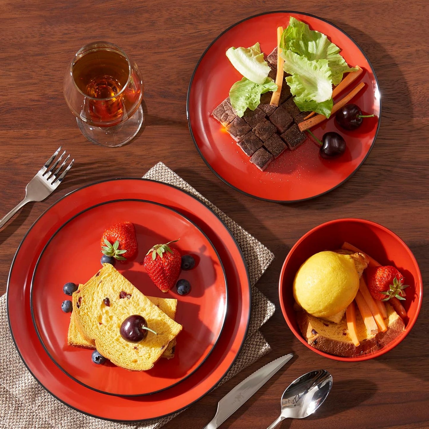 TP 12-Piece Dinnerware Set, Melamine Dishes Set with Bowls and Plates, Non-breakable and Lightweight Dinner Service for 4, Matt Black and Red