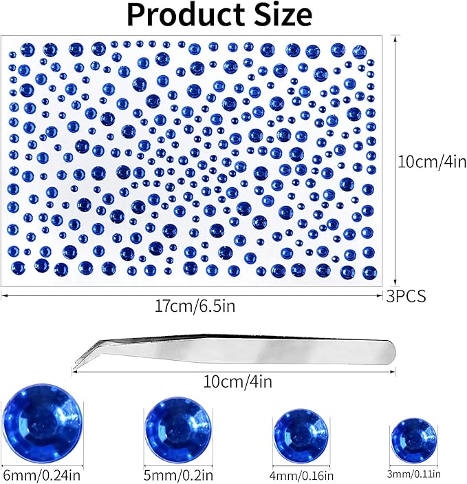 Self Adhesive Face Gems and Pearls for Makeup, Festival Jewels, Hair Gems, Rhinestone Stickers for Face, Eye, Makeup, Nail, Body, Crafts 3/4/5/6 mm 975Pcs (16.gem_darkblue)