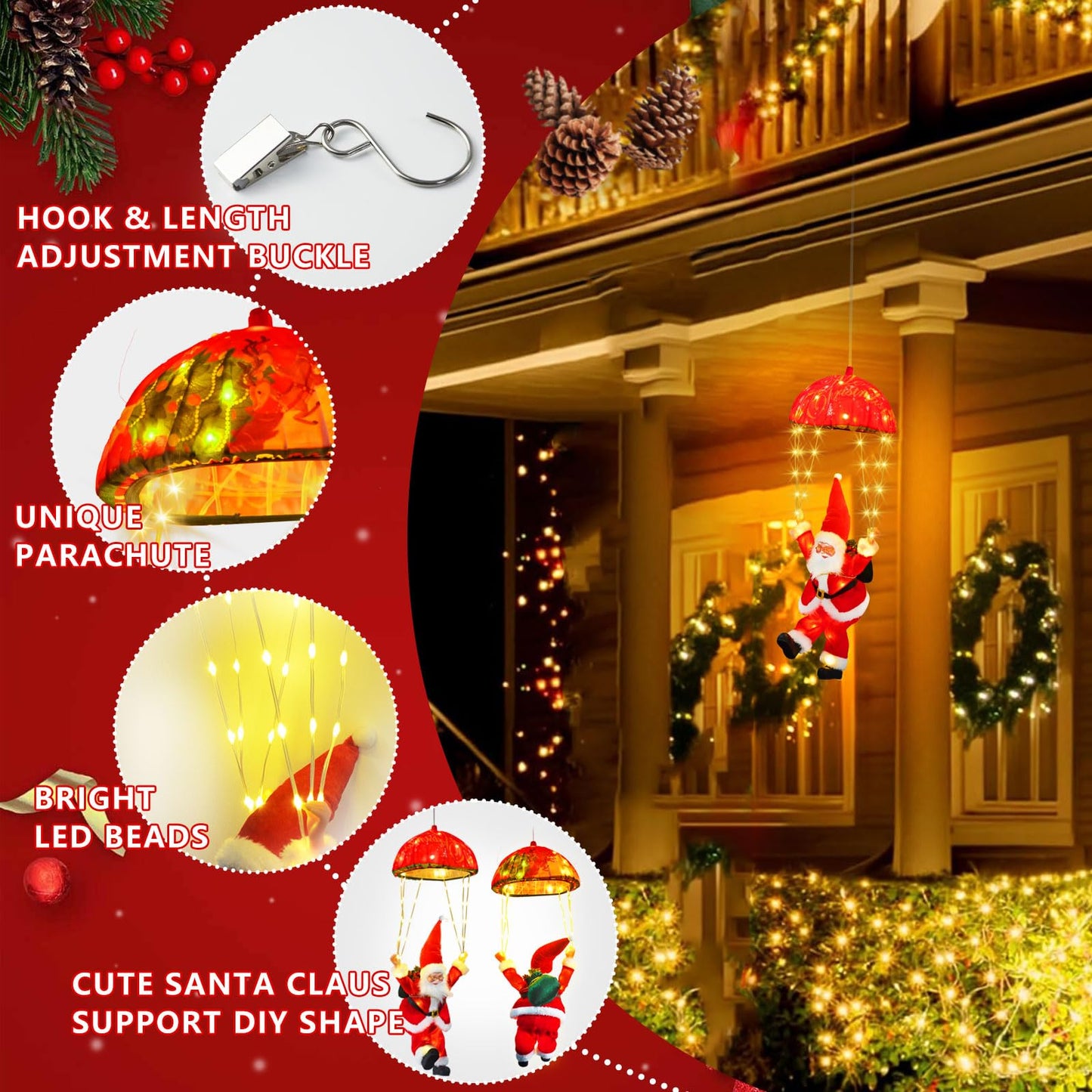 JNOEC Christmas Lights Outdoor Indoor, Santa Claus Parachute LED Lights, 8 Modes & Timer Christmas Decorations Lights Outside Inside for Window, Garden, Home, Porch, Xmas Tree Decor (Warm White) ﻿