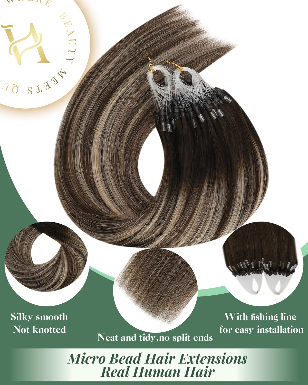 Ugeat Ash Brown Micro Link Hair Extension Human Hair Balayage Ombre Micro Bead Hair Extensions Real Human Hair Dark Brown Natura