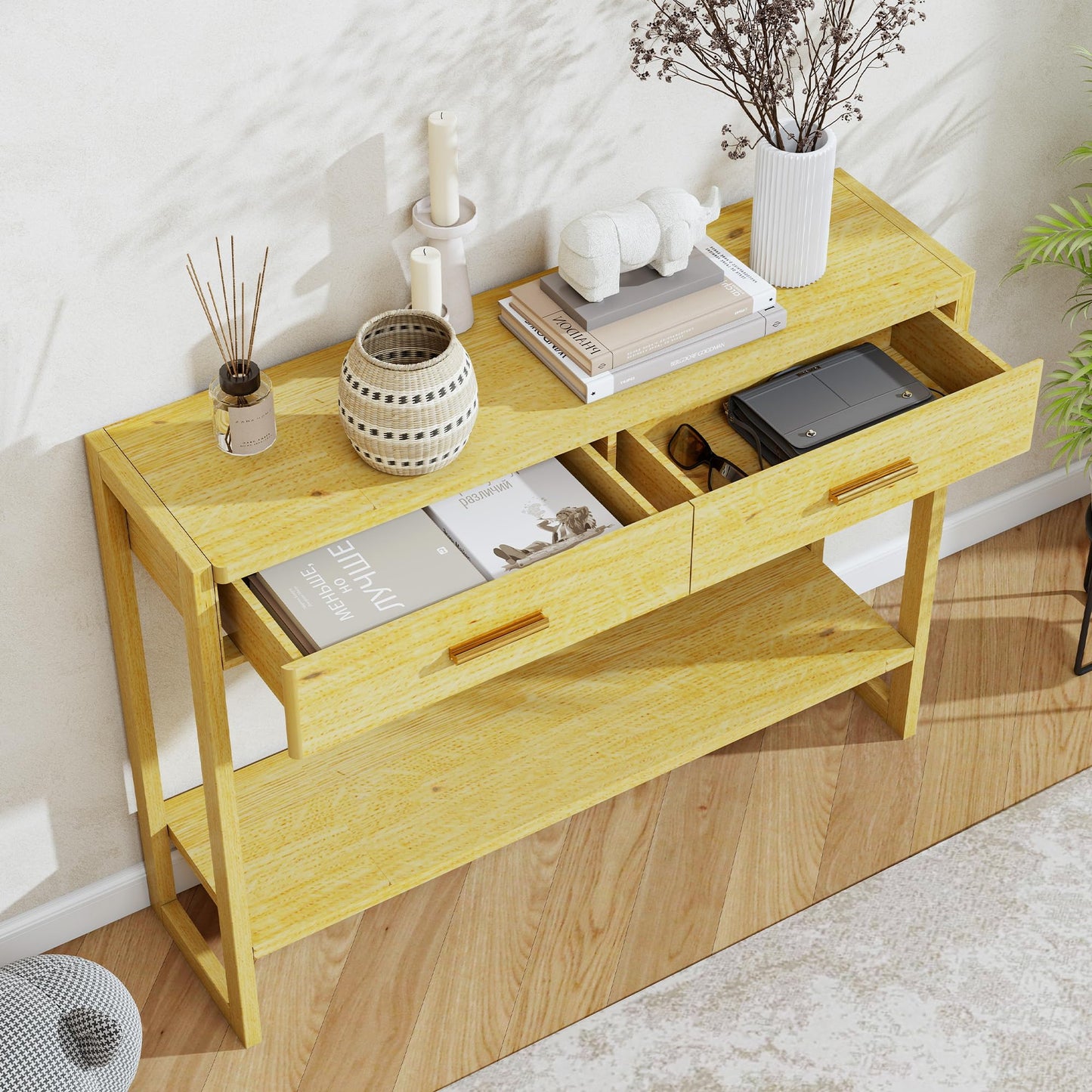 Edospaen Solid Wood Console Table with Storage Entryway Table with 2 Drawers Shelf & Reinforced Legs