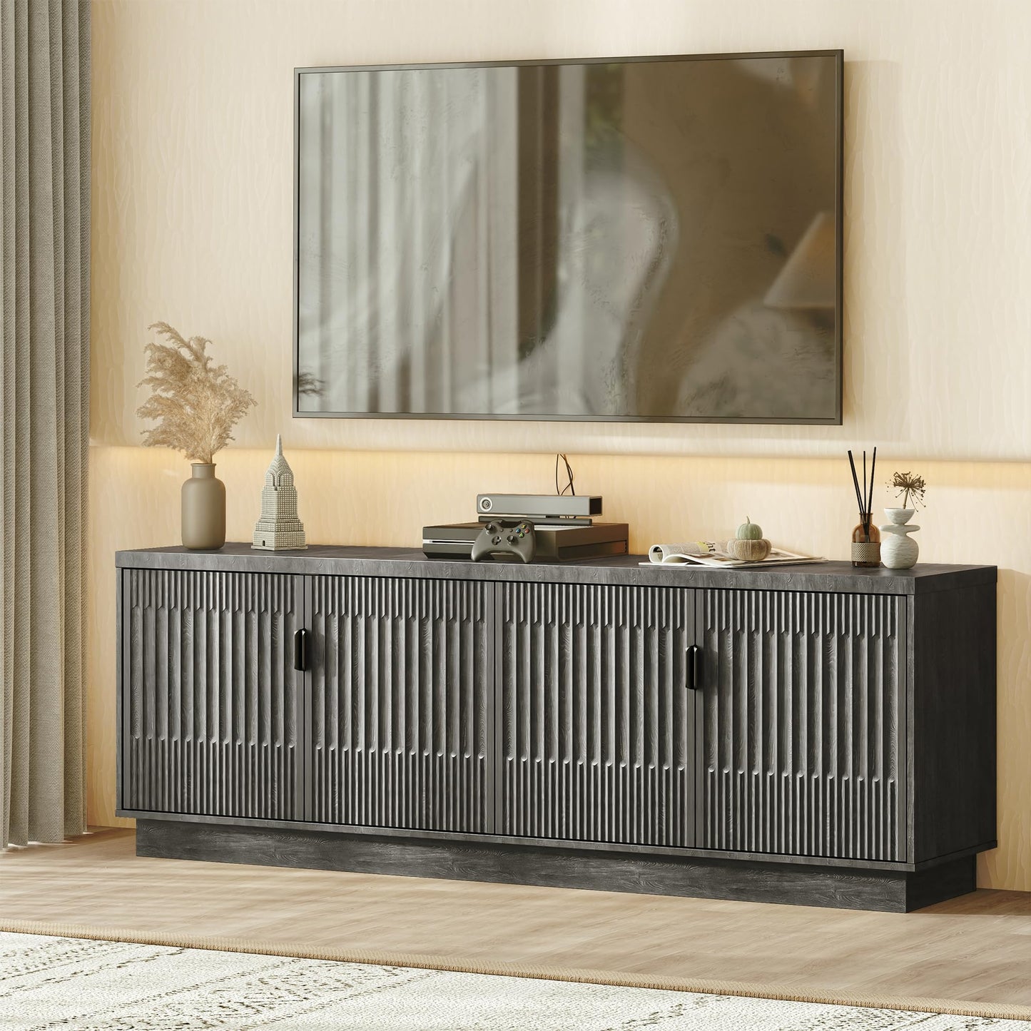 Farmhouse TV Stand for Television Up to 75 Inches, 4 Fluted Doors Rustic Entertainment Center with Storage & Adjustable Shelves, Mid Century Modern Wood TV Consoles for Living Room Bedroom, Black