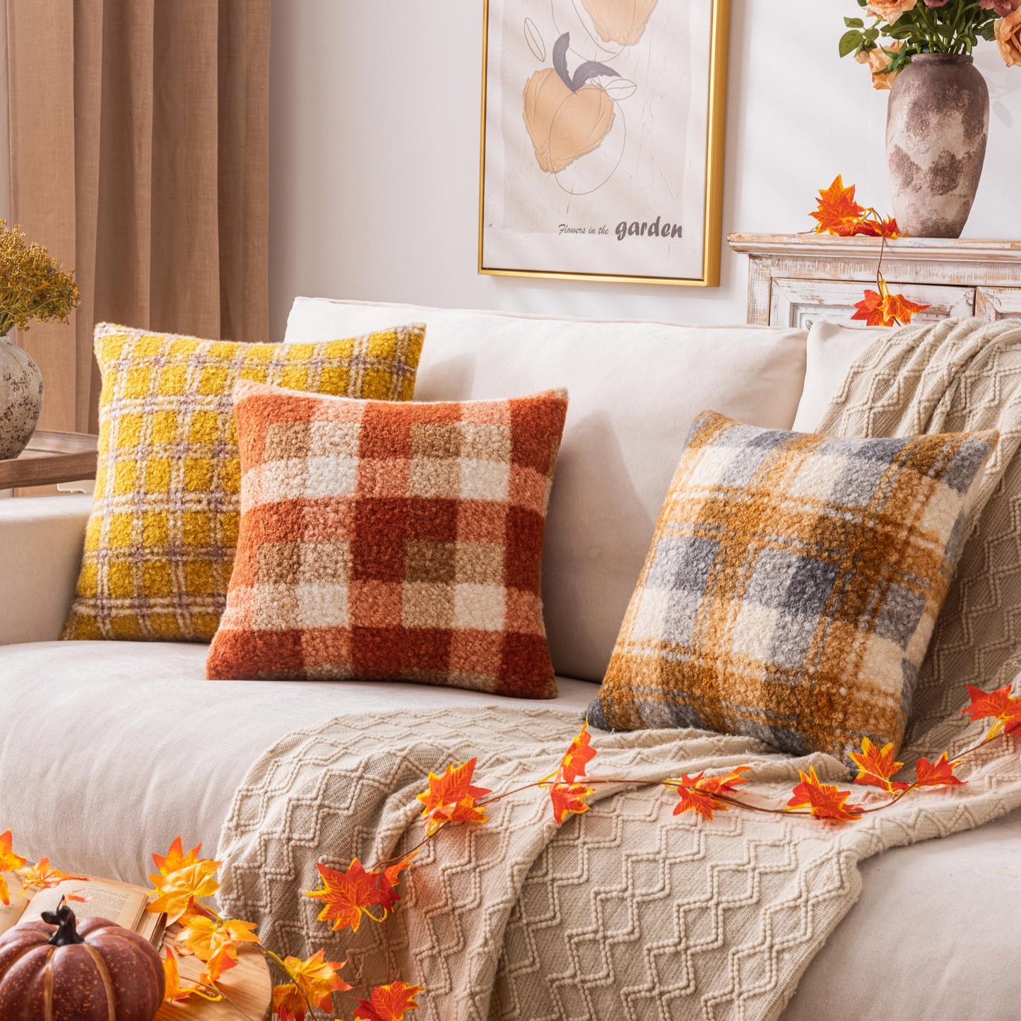 AQOTHES Orange Plaid Fall Throw Pillow Covers 18x18 Inch Set of 2, Boucle Decorative Pillow Covers,Cozy Fluffy Home Living Room Farmhouse Decor for Sofa Couch Bed