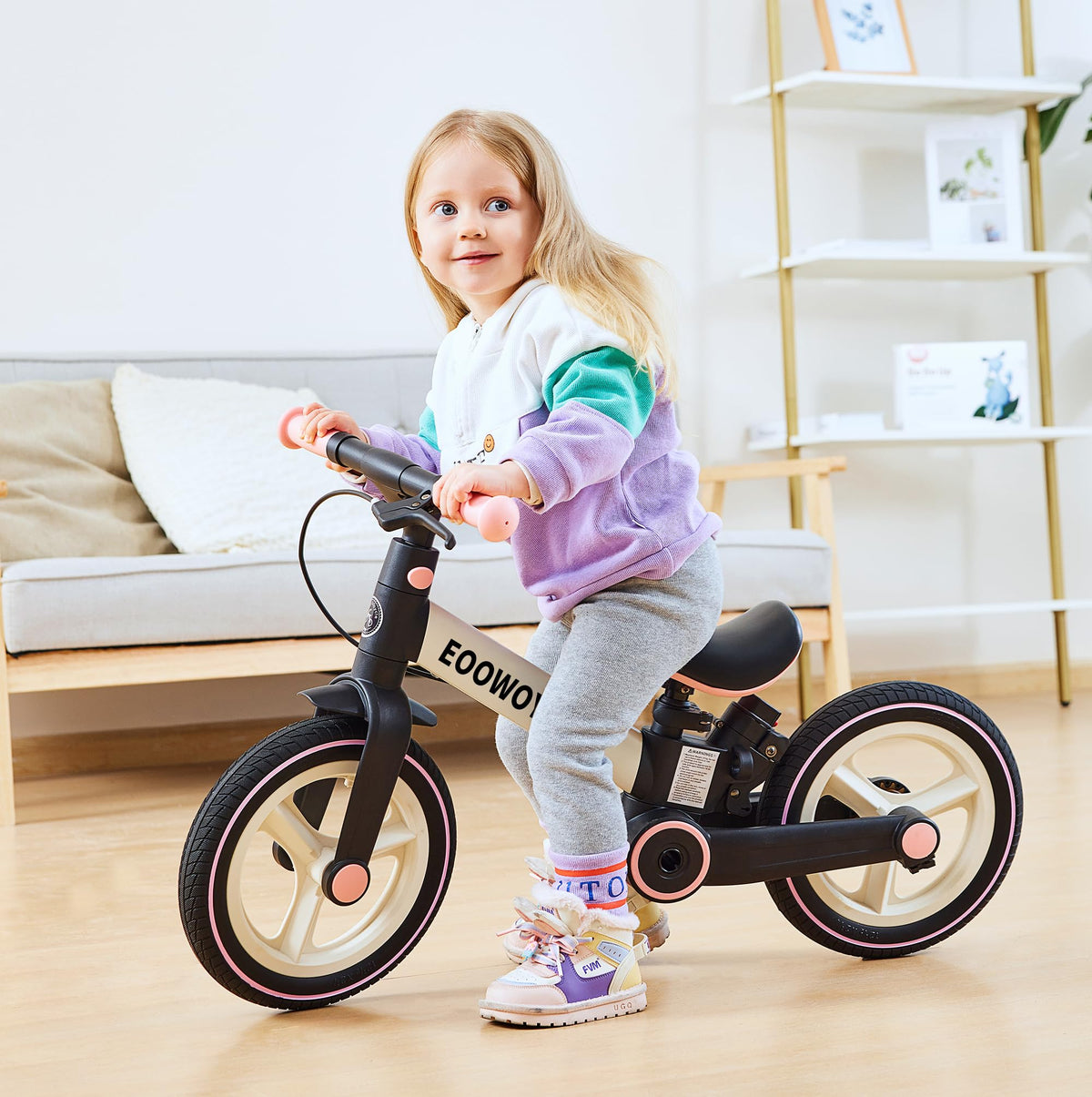 EOOWOY Balance Bike with Push Handle for Kids 18-60 Months, 6 in 1 Foldable Push Bike with Training Wheels & Pedals, Balance Bicycle for Boys and Girls with Brakes & Kickstand, Pink