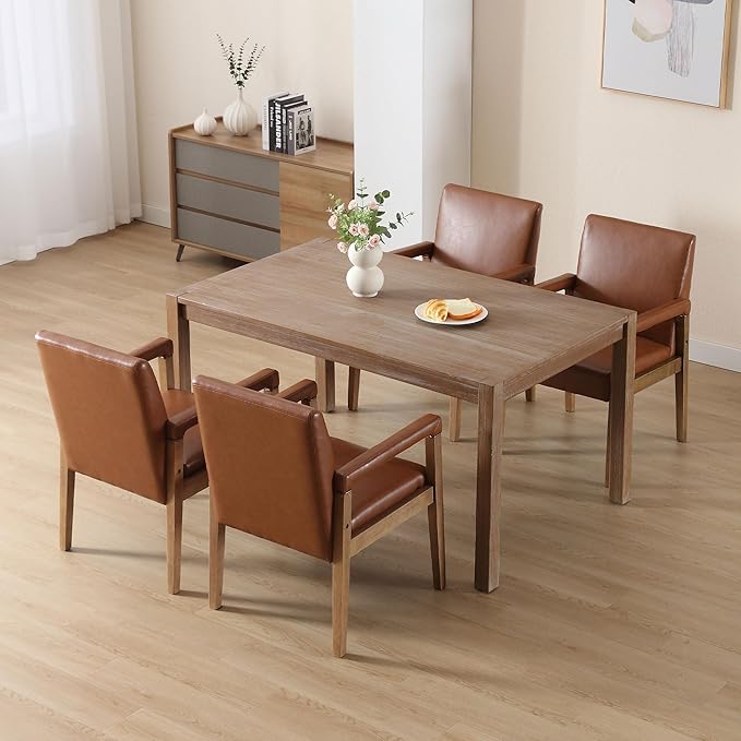 DM Furniture Mid Century Modern Dining Chairs Set of 4 Faux Leather Upholstered Accent Chairs Comfy Kitchen Chairs with Solid Wood Frame Armchair for Living Room, Brown