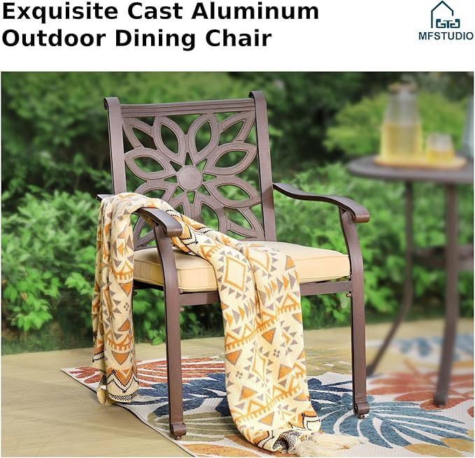MFSTUDIO Cast Aluminum Outdoor Dining Chairs Set of 2, Stackable Patio Chairs with Extra Wide Seat and 2.8" Cushion, Brown Metal Dining Chairs for Table, Yard, Deck, 350lbs