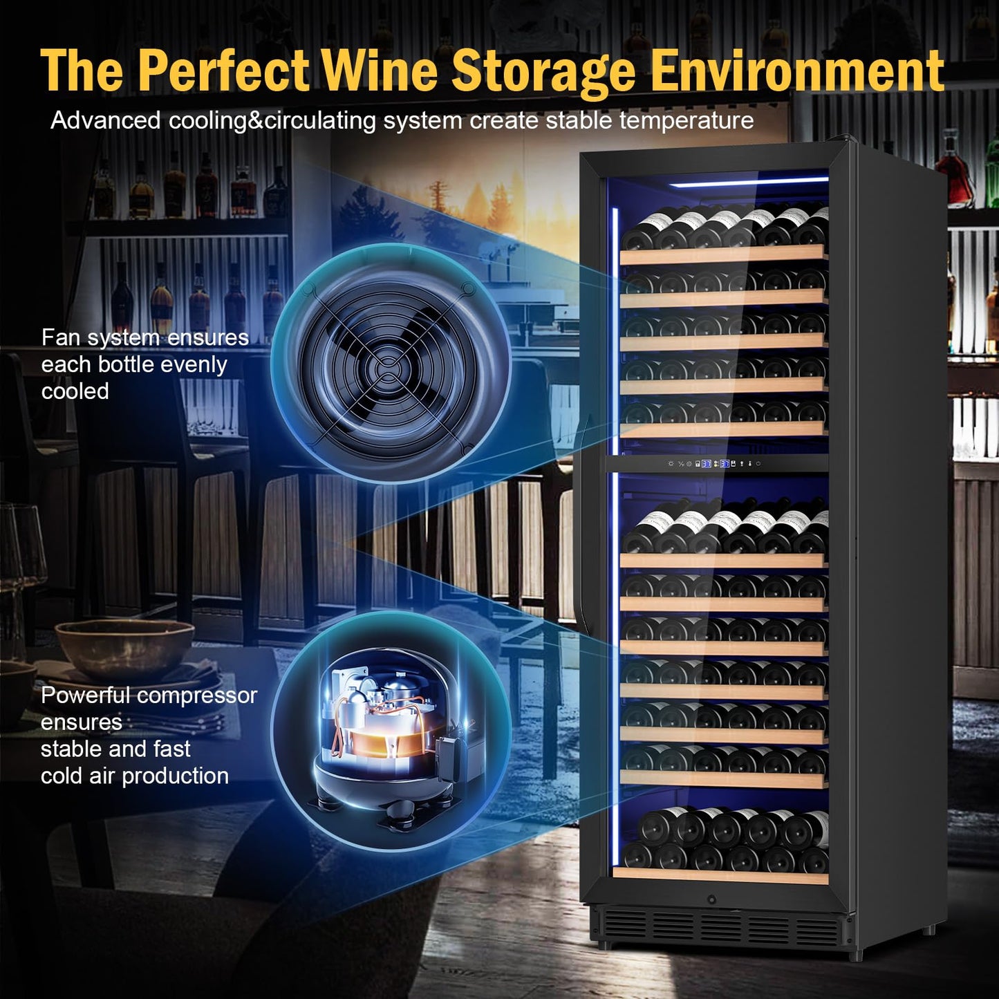 FoMup Wine Fridge Dual Zone, Freestanding Wine Cooler Refrigerator 180 Bottles Large Capacity with Sliding Rail Wooden Shelves and Door Lock, Black