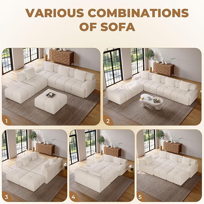 135" Modern L Shaped Modular Sectional Sofa, 6 Seater Convertible Chenille Cloud Couch Sofa Set, Boneless Couches for Living Room with Ottoman, No Assembly Required, White