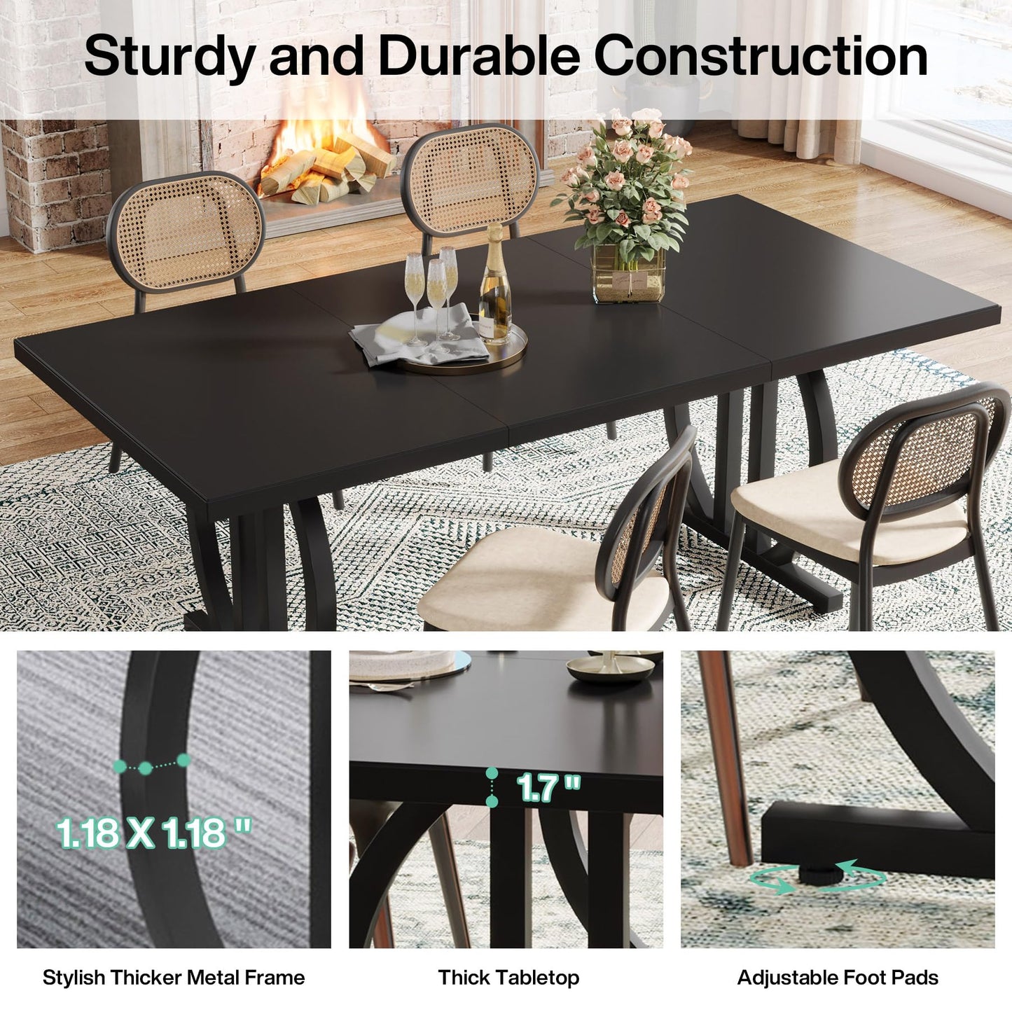 LITTLE TREE Modern Dining Table for 4-6 People, 63" Large Rectangular Kitchen Table with Geometric Legs, Unique Dinner Table Kitchen & Dining Room Furniture