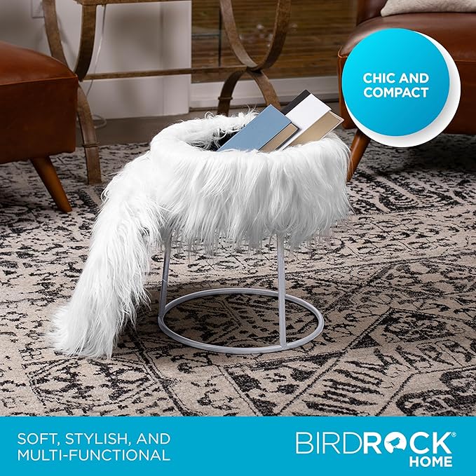 BIRDROCK HOME Round Faux Fur Foot Stool - Small Padded Ottoman w/Soft Cushion for Living Room, Bedroom, or Makeup Room - Modern Upholstered Accent Chair, Vanity Seat, Footrest for Couch/Sofa - White