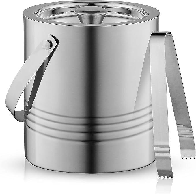 JoyJolt Metal Double Wall Ice Bucket with Lid, Ice Tongs and Strainer. 3L Insulated Ice Bucket for Cocktail Bar, Wine, Hom...