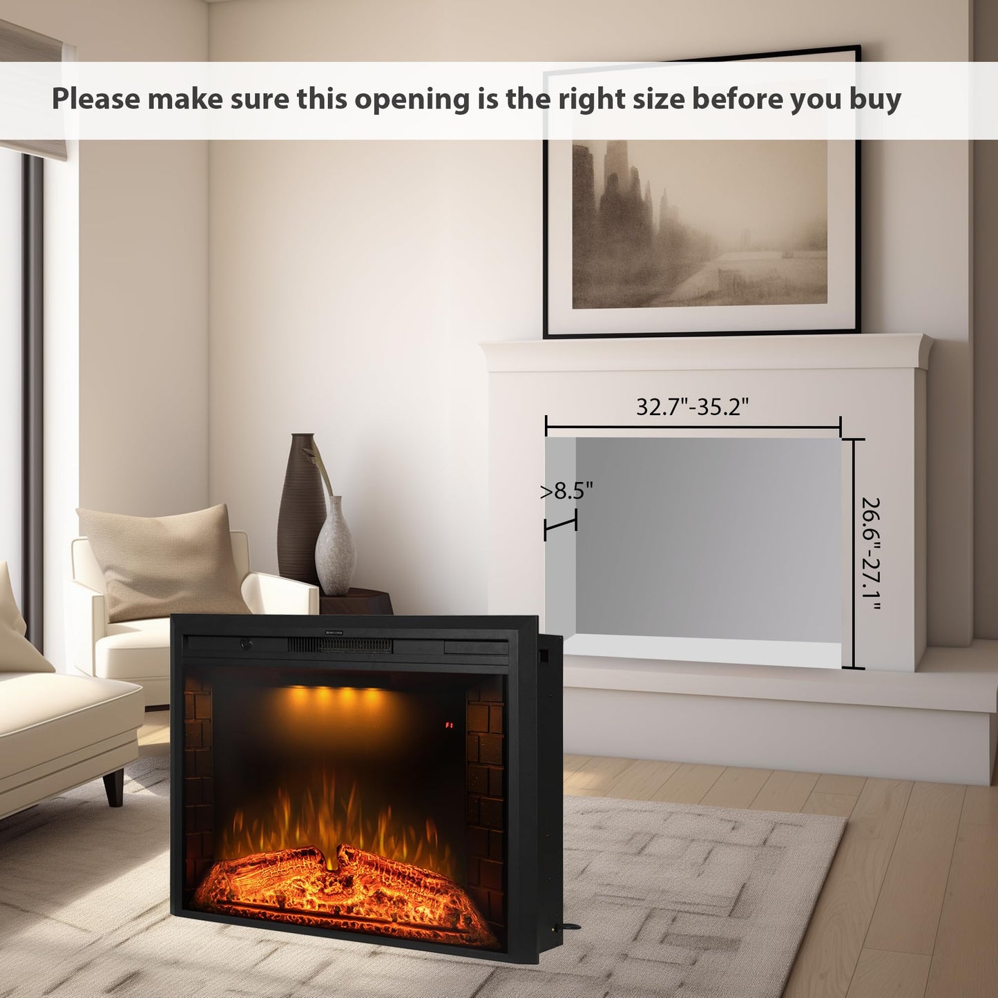 Benrocks 36'' Electric Fireplace Inserts, Recessed & Built in Wall Electric Fireplace Heater with Fire Crackling Sound, Adjustable Top Light & Flame Speed, Overheating Protection, 750/1500W Black