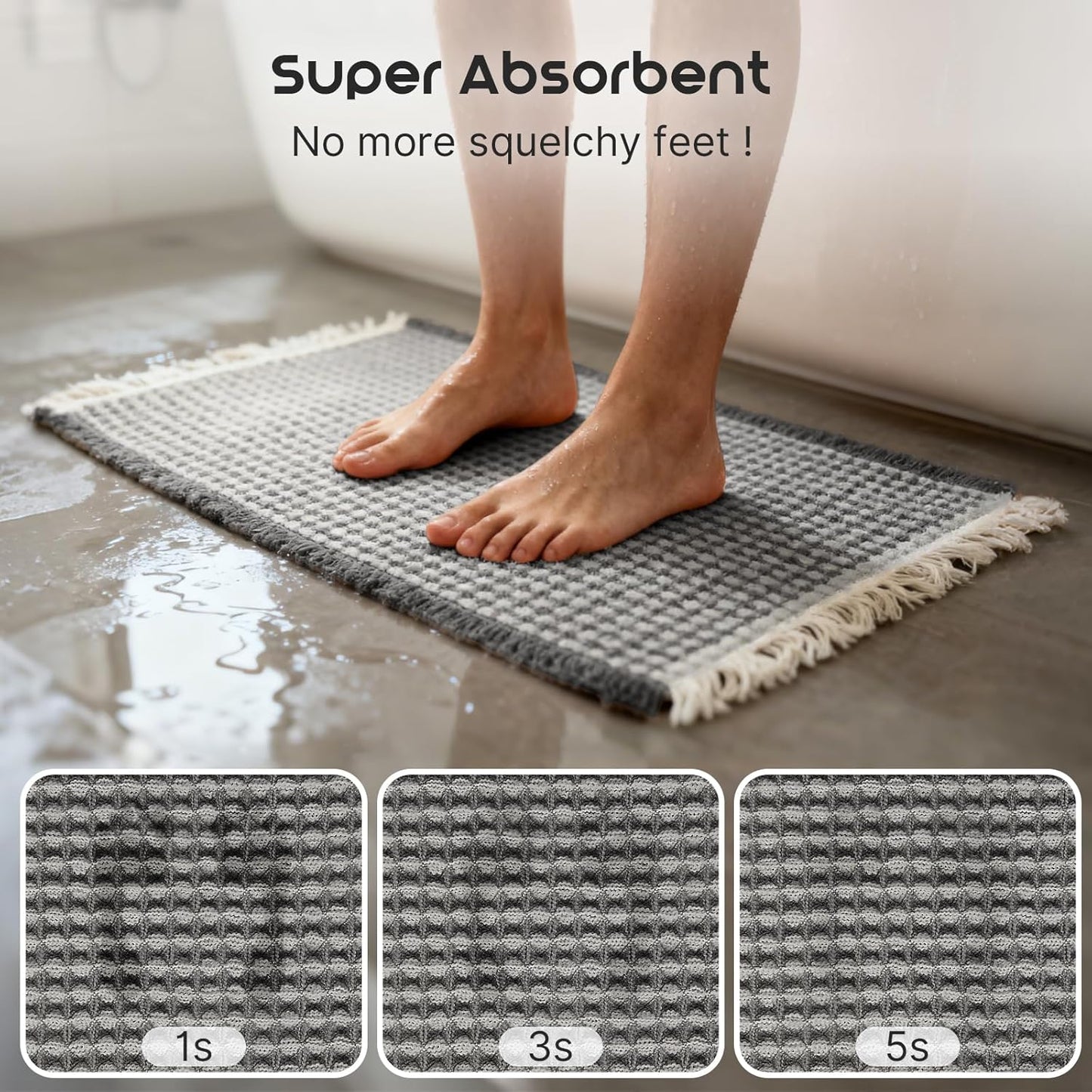 ArtyCozy Waffle Bath Mat, Super Absorbent Soft Non-Slip Boho Bath Rugs with Flat-Woven Hot Glue Backing for Bathroom, Machine Washable Bath Mats, 20" × 32", Grey & White