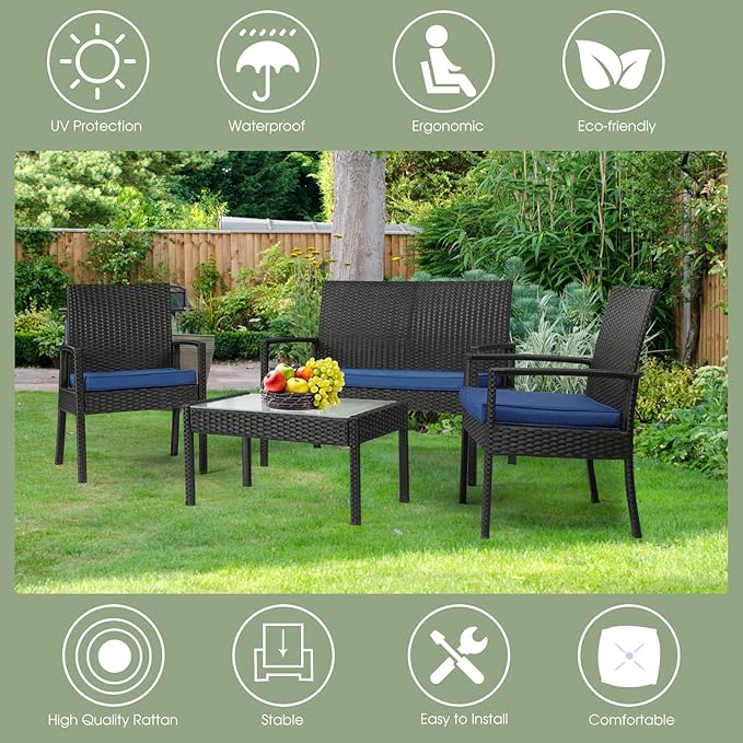 PAOLFOX4 Piece Outdoor Patio Furniture Set, Rattan Patio Conversation Set with Table,Modern Wicker Chairs and Table Sets,Outdoor Furniture for Porch, Garden, Lawn, Blue