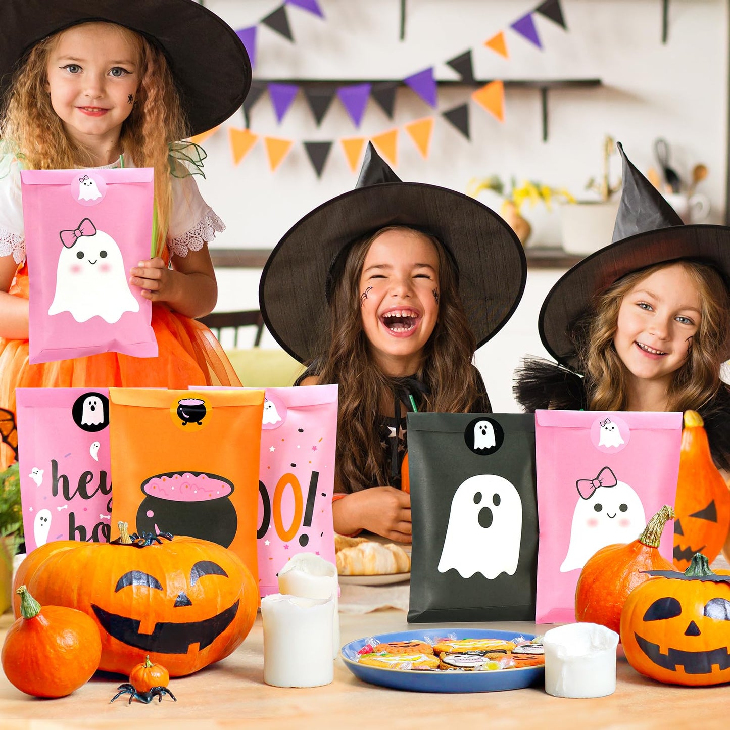 FHzytg 48Pcs Halloween Boo Party Favor Bags, Pink Halloween Ghost Candy Gift Bags for Girl Spooky Birthday Decorations Boo Baby Shower Happy Boo Day Decorations