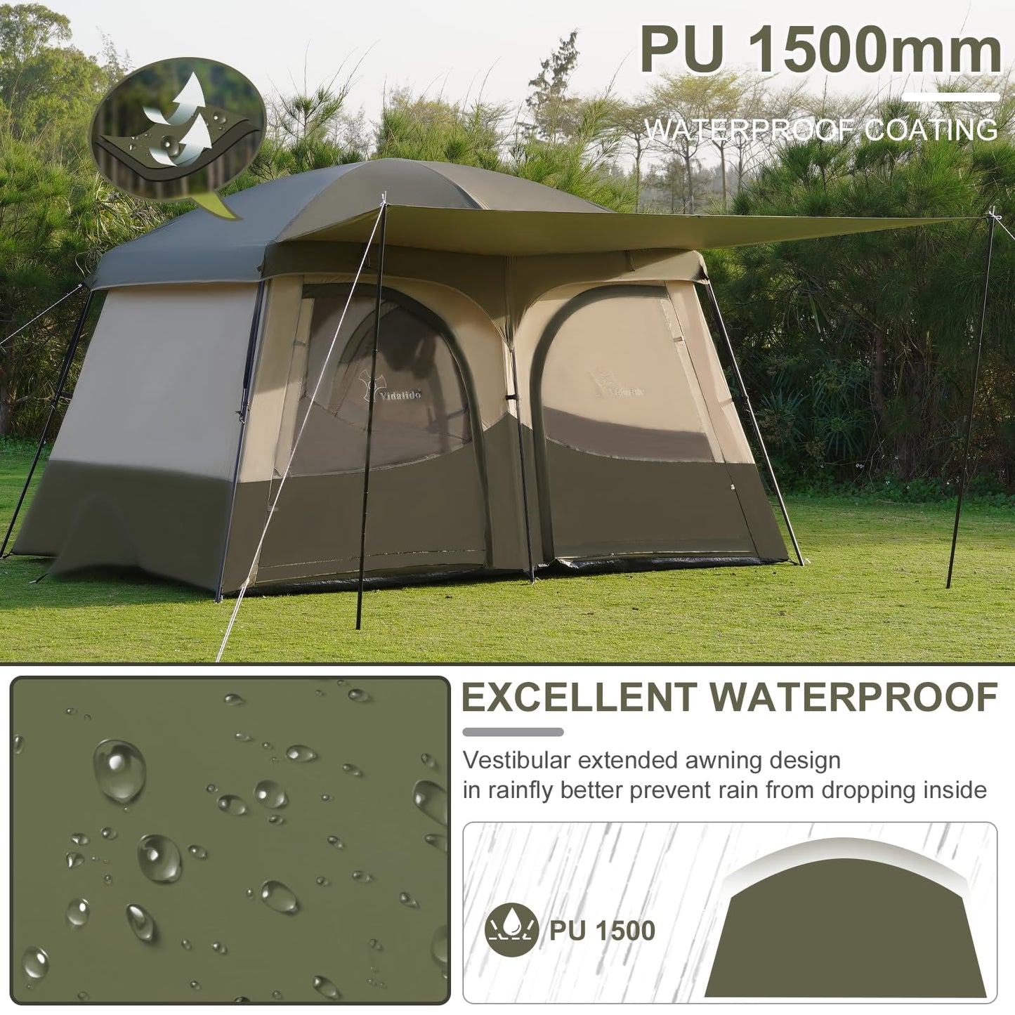 Vidalido Tents，6-8 Person Camping Tent with Extended Vestibule，2 Room Weather Resistant Family Tents，Easy Install Waterproof Outdoor Tent for Backpacking and Camping Hiking