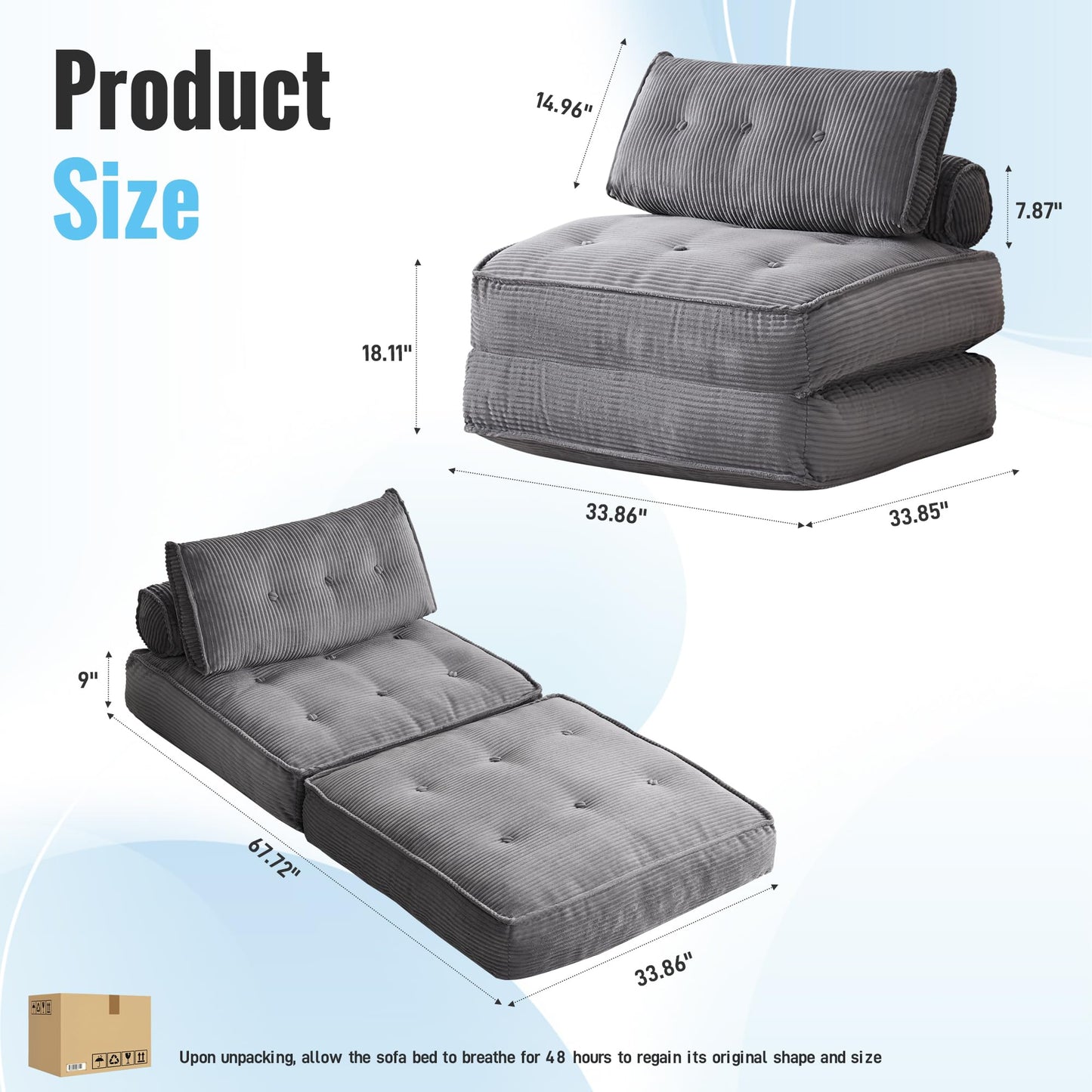 VIKAYAMICS Convertible Sleeper Chair Folding Sofa Bed 33” with Pillow Futon Boneless Couch with Back Support Small Couch for Living Room(Grey)
