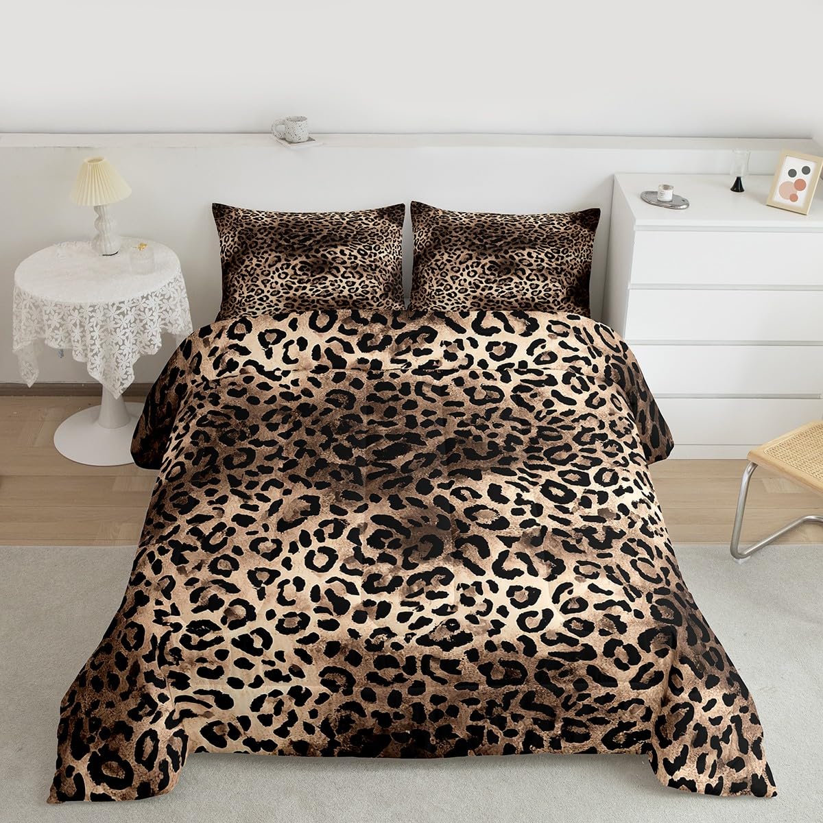 Leopard Comforter Set Full Size Brown Bedding Set 3pcs for Kids Teens Room Decor,Animal Cheetah Quilt Set Modern Luxury Soft Breathable Duvet Insert with 2 Pillowcases