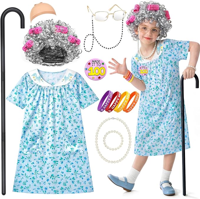 Jeowoqao Old Lady Costume for Kids, 100 Days of School Costume Girls Old Lady Dress，Granny Wig with Wig Cap Grandma Dress ...