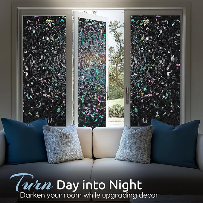 rabbitgoo Window Privacy Film Rainbow Film Decorative Window Sticker, 3D Static Stained Glass Cling Tint for Room Darkening Day Sleep, Black, 35.4 x 157.4 inches