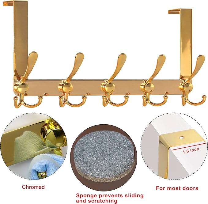 Dseap Over The Door Hook Hanger - 5 Tri Hooks, Heavy Duty Over The Door Towel Rack Coat Rack for Clothes Hat Towel,Gold