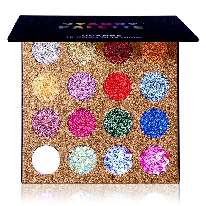 UCANBE Pro Glitter Eyeshadow Palette - Professional 16 Colors - Chunky & Fine Pressed Glitter Eye Shadow Powder Makeup Pal...