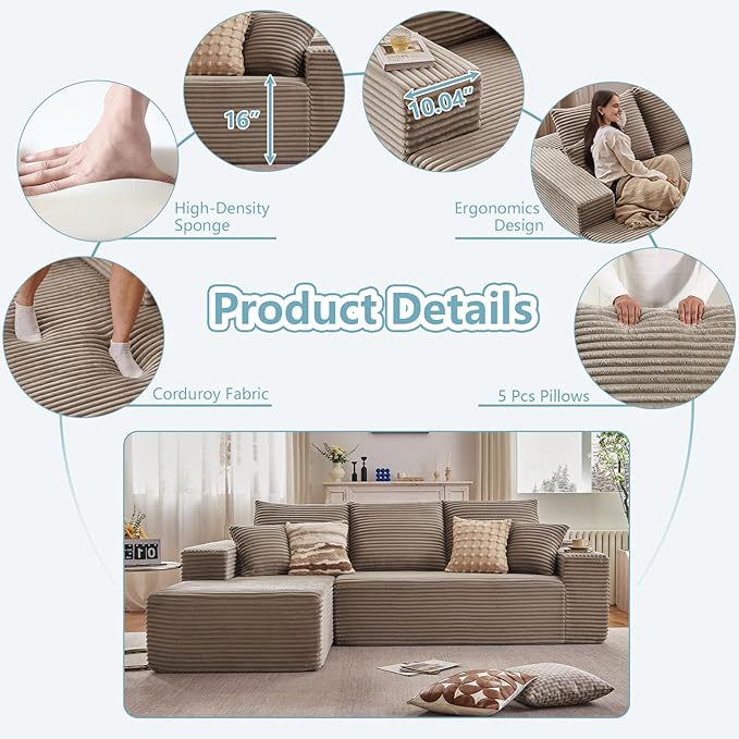 96" Cloud Sectional Couch with L-Shape Chaise, Modern Corduroy Boneless Couch for Living Room,Memory Foam Sofa with Deep Seat,No Assembly Required (Camel,Left-Facing Chaise)