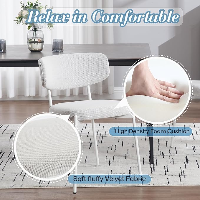 KCC Modern Mid-Century Velvet Dining Chairs Set of 4, Upholstered Stylish Kitchen Chairs Accent Diner Chairs with Metal Legs and Curved Back for Kitchen, Dining Room(White)