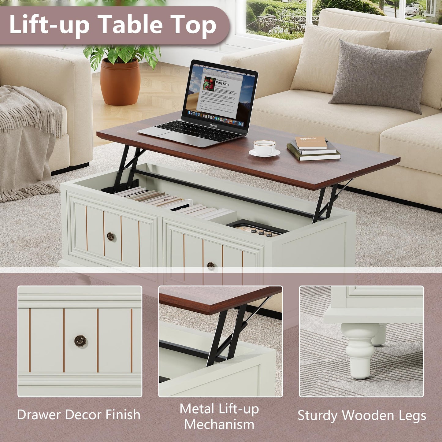 MAHYIZYI 39" Lift Top Coffee Table for Hidden Compartment, Wood Coffee Tables with Shelf, Farmhouse Rectangular Center Table Dining Table for Living Room Home Office Small Space (Beige)