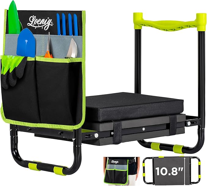LOENIY 10.8” Wide Garden Kneeler and Seat, Heavy Duty Foldable Gardening Stool with Tool Belt Pouch, Included Thickened Kneeling Pad, Portable Gardening Bench Chair for Seniors & Parents