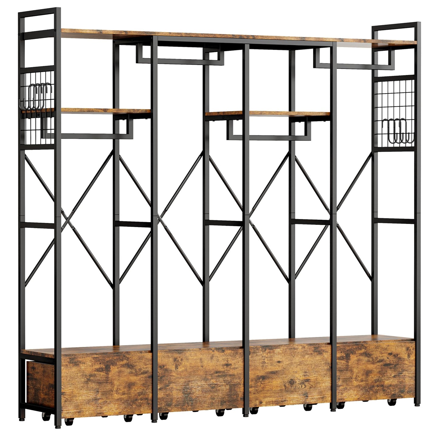 IRONCK Garment Racks and Storage Shelves, Heavy Duty Clothes Rack with 4 Wooden Drawers and Hanging Rods, Freestanding Closet Wardrobe Rack, Vintage Brown