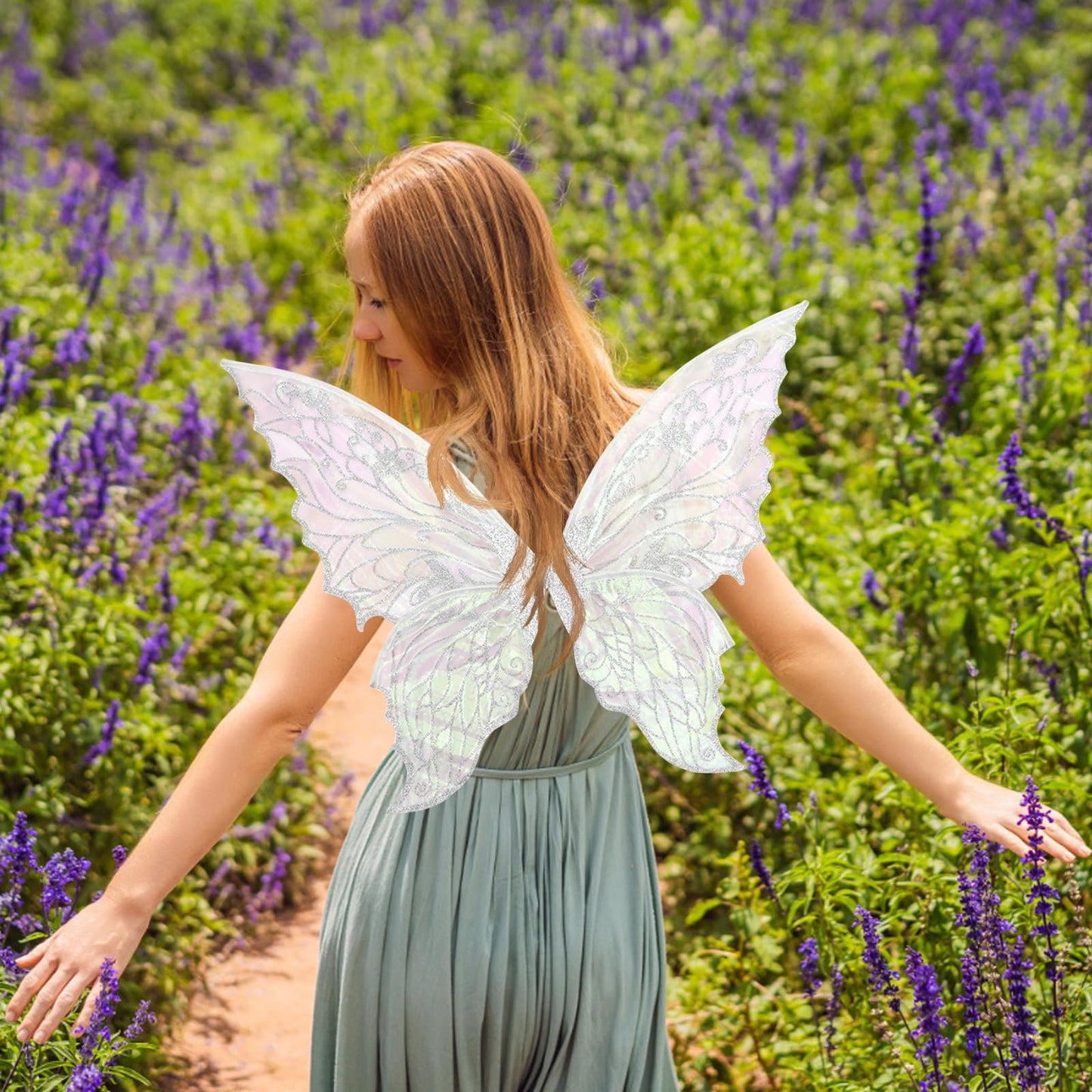 Glodecart Fairy Wings Costume for Women Girls, White Sparkling Butterfly Fairy Wings for Girls Adults Holiday Party，Sheer Princess Elf Butterfly Costume for Dress Up Women Fairy Cosplay Accessories