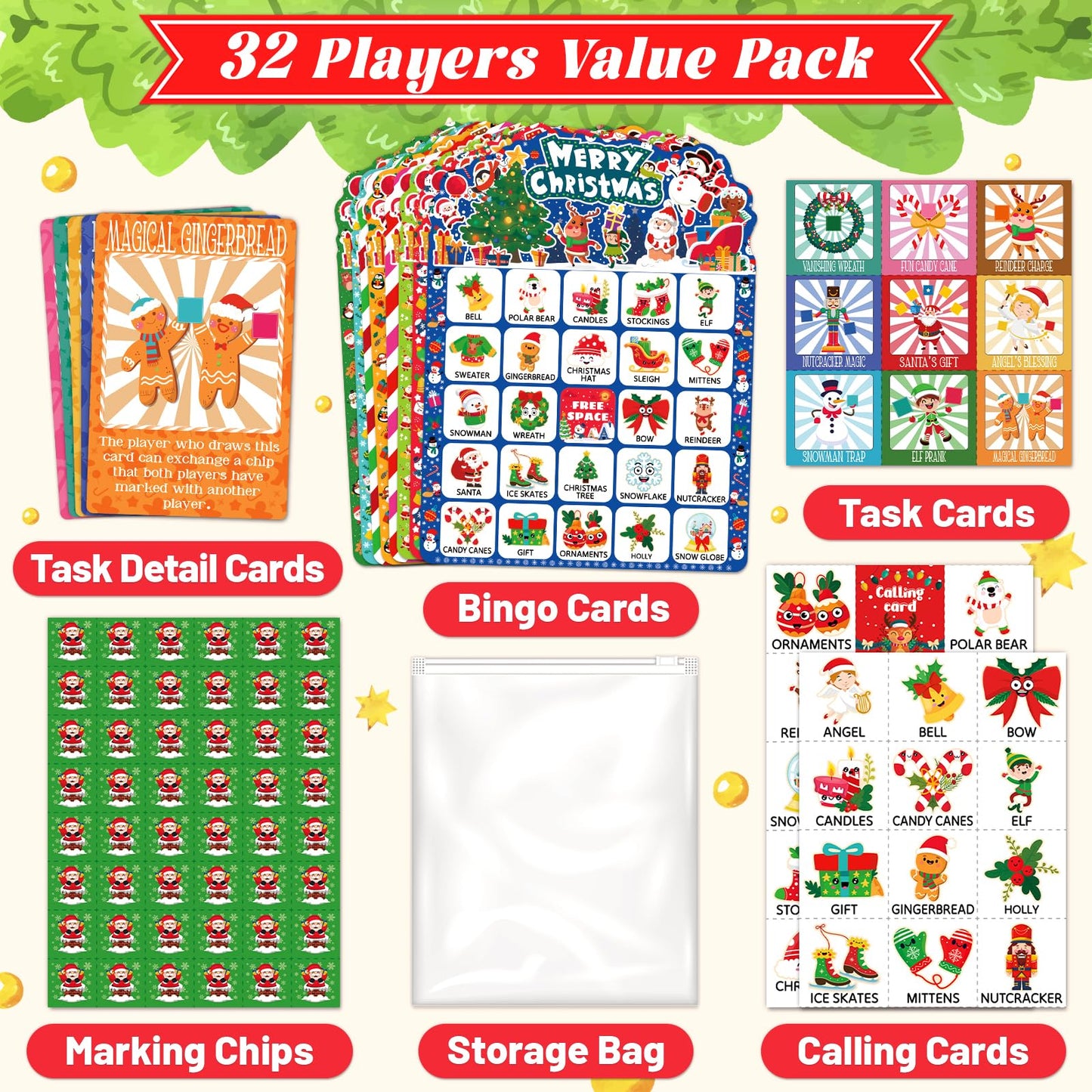 zheyistep 56 Sheets Christmas Bingo Game, 32 Players Christmas Bingo Cards for Kids Adults Christmas Party Game for Family Large Group Winter Holiday Party Favor Kids Bingo