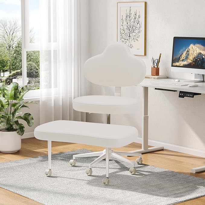 Cross Legged Office Chair with Wheels for ADHD, Ergonomic 360° Swivel Height-Adjustable Meditation Chair for Yoga, Kneeling Chair with 4 inch seat Cushion and Lumbar Support, PU Leather, Off White