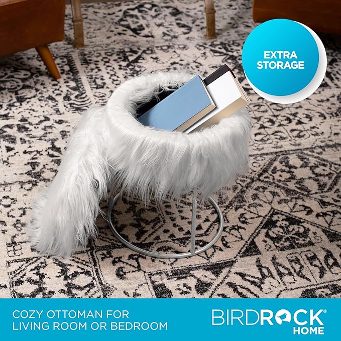 BIRDROCK HOME Round Faux Fur Foot Stool - Small Padded Ottoman with Soft Cushion for Living Room, Bedroom, or MakeUp Room - Modern Upholstered Accent Chair, Vanity Seat, Footrest for Couch/Sofa - Grey
