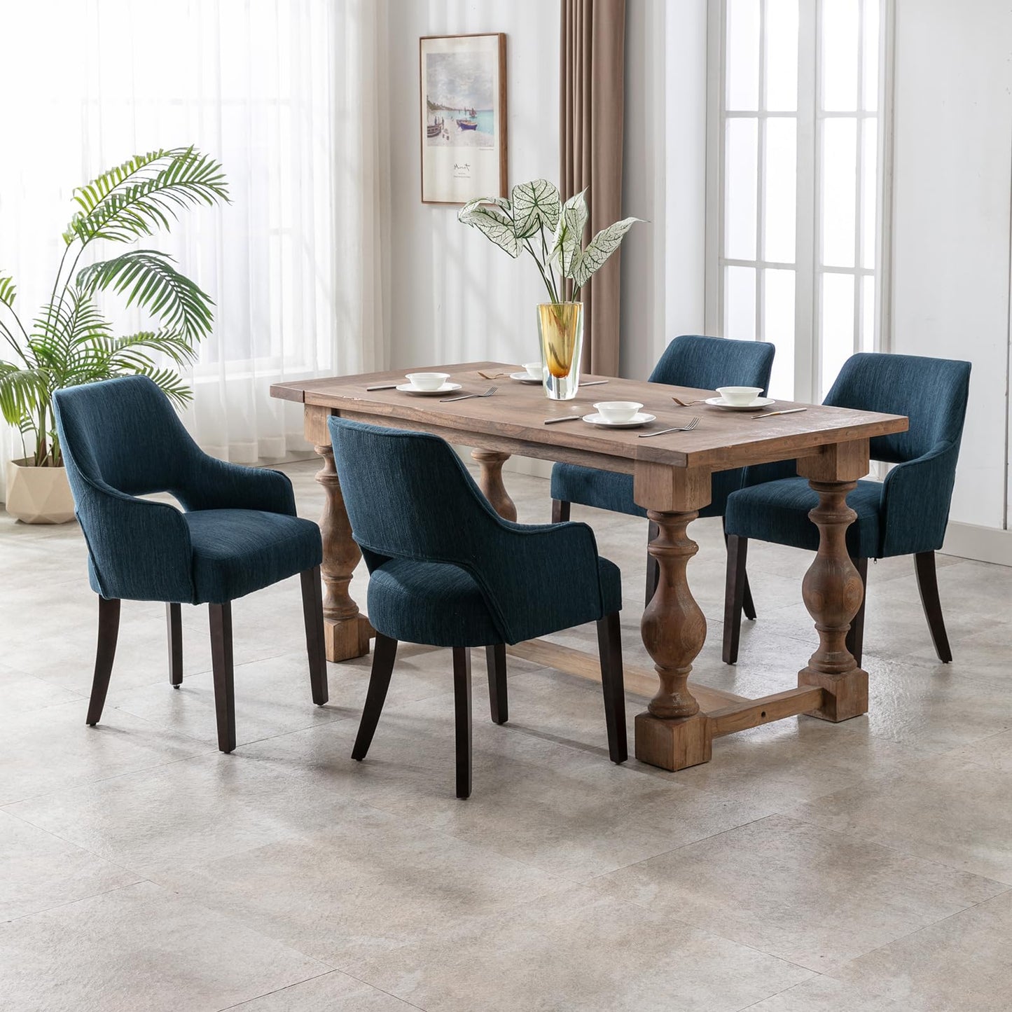 DM Furniture Farmhouse Dining Chairs Set of 2 Upholstered Linen Kitchen Chairs Accent Side Chair with Solid Wood Legs/Armrest for Living Room/Dining Room/Bedroom/Restaurant, Blue