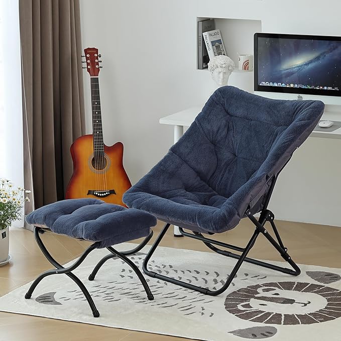 Givjoy Comfy Folded Chair with Ottoman, Oversized Folding Faux Fur Chair Soft Furry Lounge Lazy Chair with Metal Frame Moon Chair Accent Chair for Bedroom, Living Room, Dorm Rooms