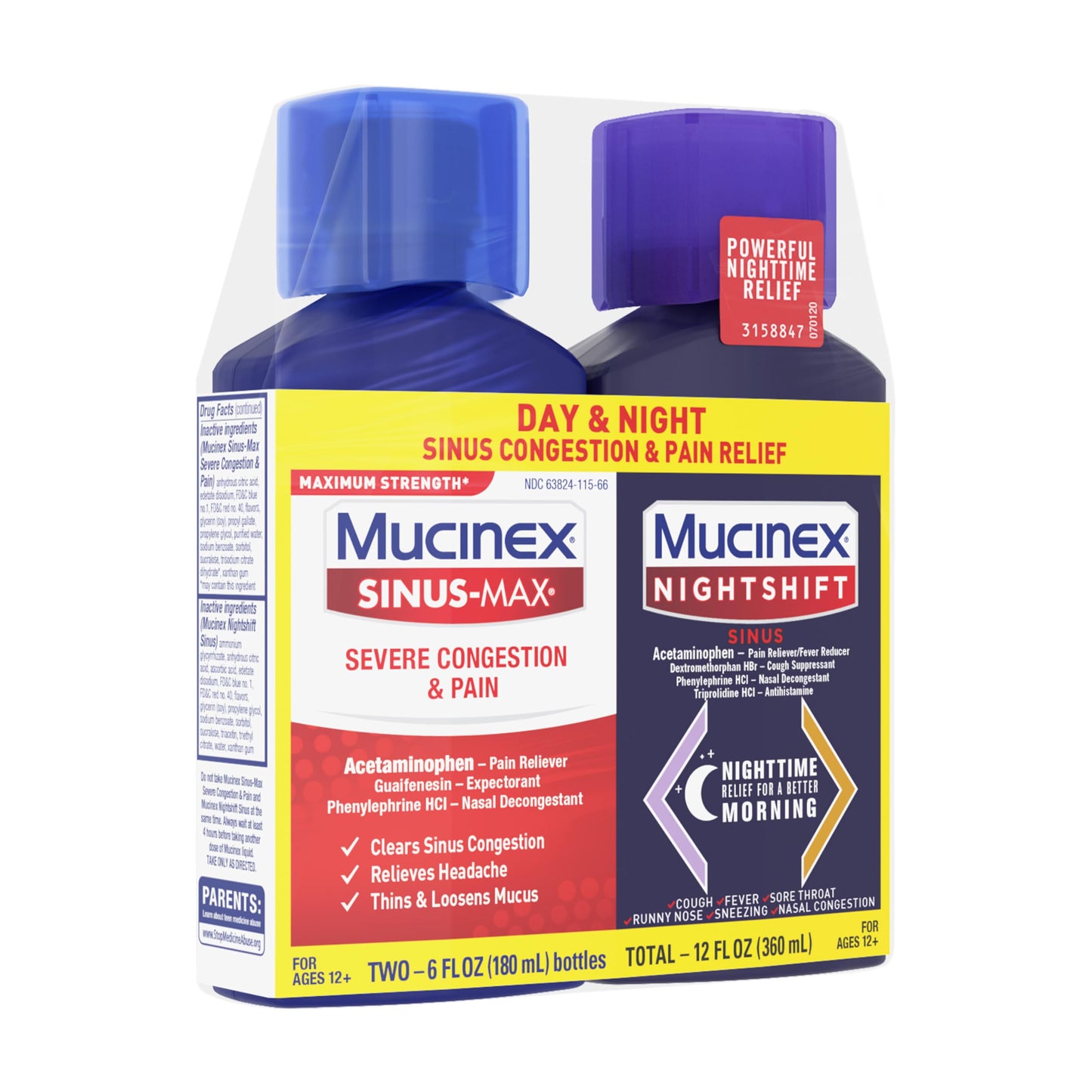 Mucinex Maximum Strength Sinus-Max Severe Congestion & Pain + Nightshift Sinus Liquid, Cold and Flu Medicine for Adults, Over-The-Counter Medication for Multi-Symptom Relief, 2x6 Fl Oz