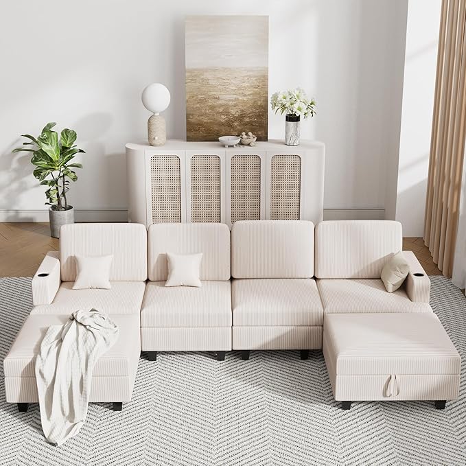 120" U Shaped Modular Sectional Sleeper Sofa, Soft Corduroy Sectional with Armrests, 2 Cup Holders & 2 USB Ports, 21" Deep Seat Cloud Couch for Living Room, Bedroom Office (White, 4 Seat + 2 Ottoman)