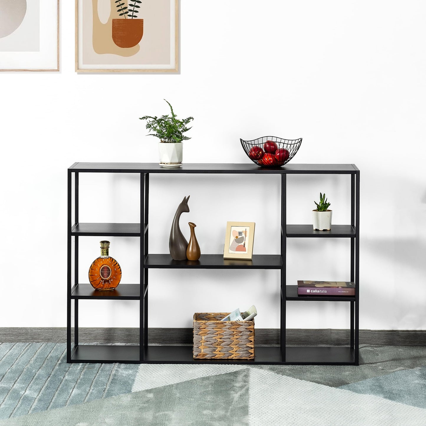 Leinade 47 Inch Metal Console Table with 8 Storage Shelves,Extra Long Entryway Table,Narrow Sofa Table,Hallway Table for Entrances to Corridor,Foyer,Living Room (Black, 47.24×11.81×31.5in)