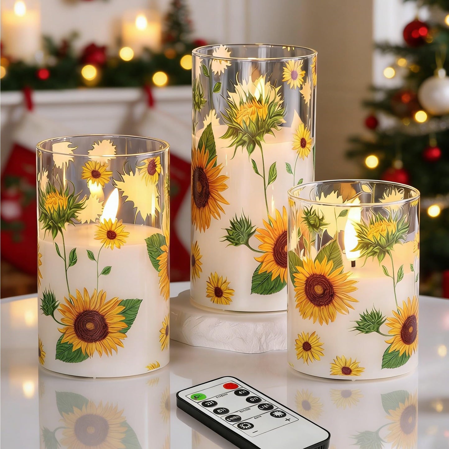 Girimax Sunflower Glass Flameless Pillar Candles with Remote, Flickering LED Battery Candles Christmas Holiday Decor Gift Set of 3
