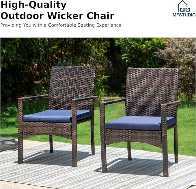 MFSTUDIO Patio Rattan Chairs Set of 2, Wicker Outdoor Dining Chairs Set of 2, All Weather Patio Armchairs w/Armrests, Steel Frame, Brown, 330lbs