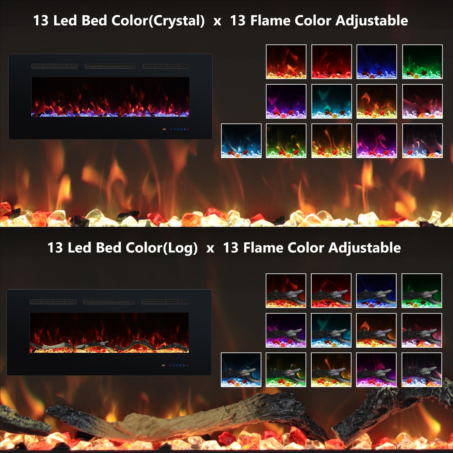 Valuxhome Wall Mounted and Recessed 60 Inches Electric Fireplace Inserts with Remote Control, 13 Flame and Flue Bed Colors, Fireplace Heater for Indoor Use,750/1500W