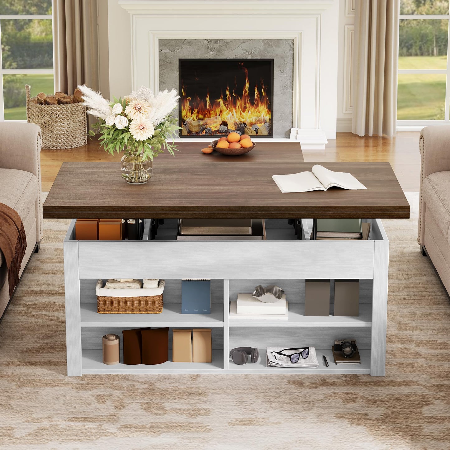 YITAHOME Lift Top Coffee Table Set with Storage Ottoman Bench & Wheels, 4 in 1 Convertible Dinning Center Tables with Hidden Compartment, Farmhouse Coffee Tables for Living Room Furniture, Brown Top