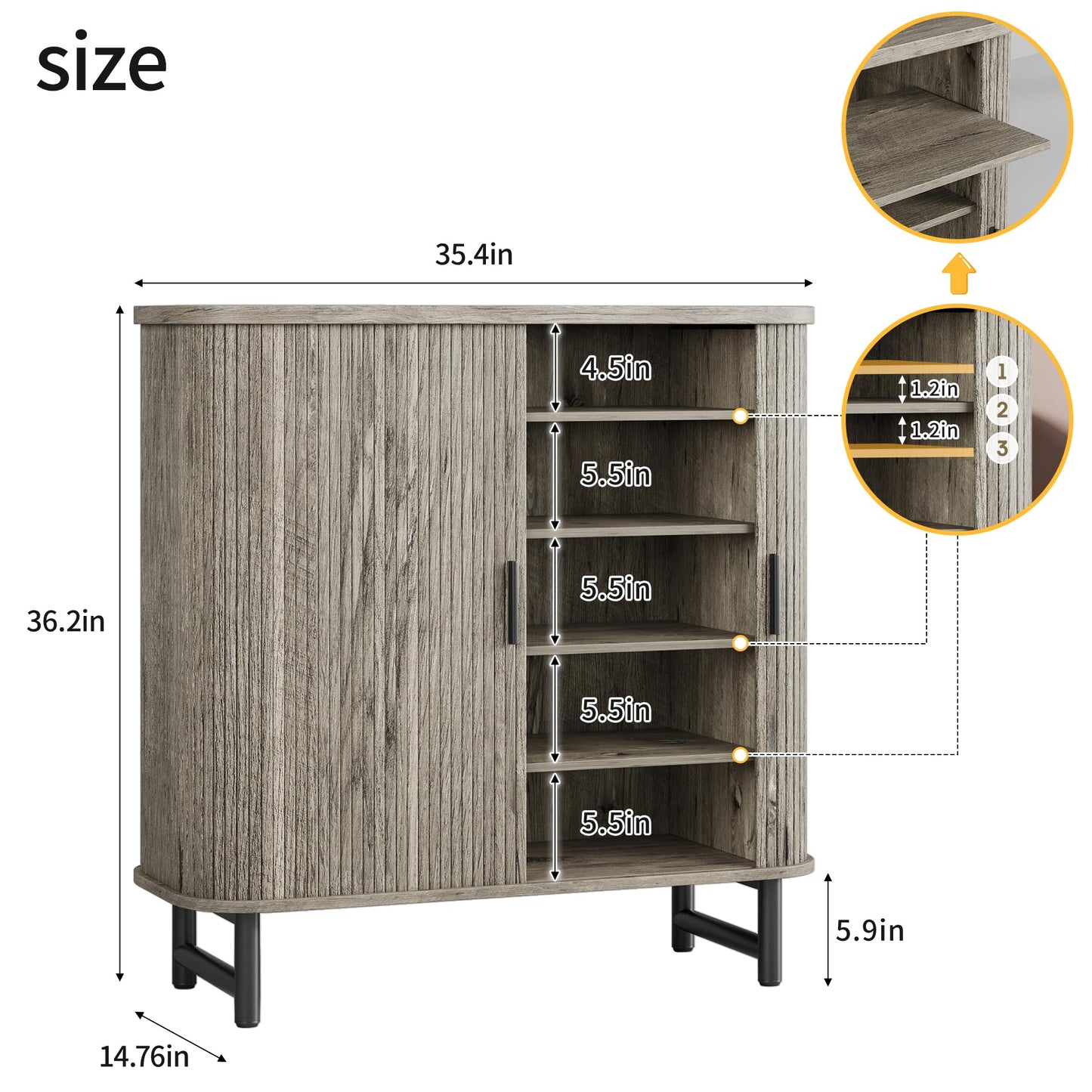 Maupvit Shoe Storage Cabinet with Smooth Fluted Sliding Doors, 5-Tier Shoe Cabinet Storage for Entryway, Narrow Hidden Shoe Rack for Front Door Entrance, Metal Handles and Legs, Grey