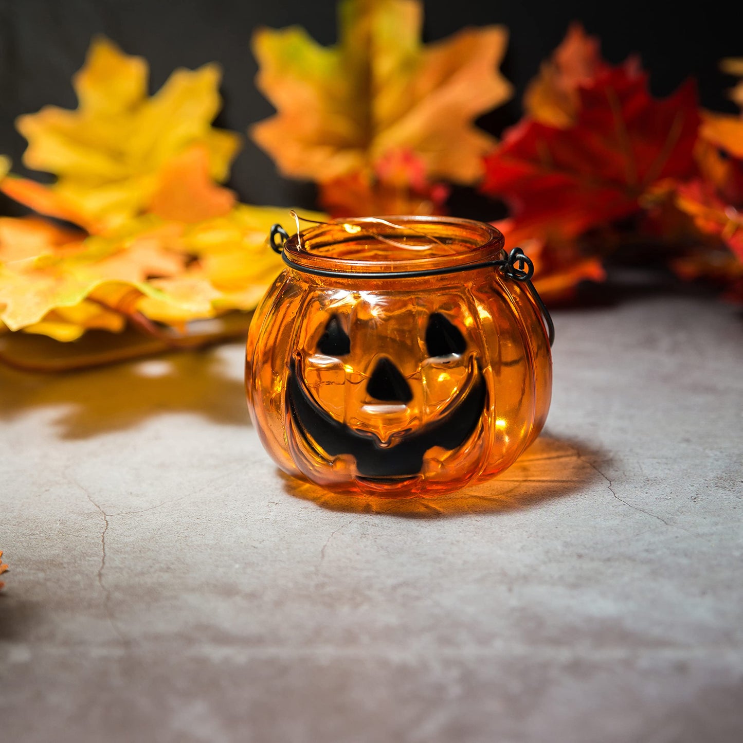 Halloween Candle Holders Set of 4, SHMILMH Tealight Votive Candle Holders with Grimace, Metal Hanging Pumpkin Lantern Decorative Halloween Table Centerpiece Orange
